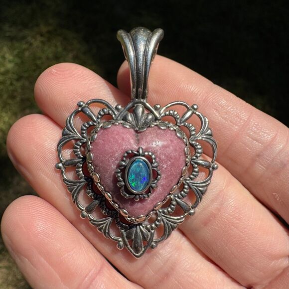 CAROLYN POLLACK Sterling Silver Rhodonite & Opal TE AMO Heart Pendant Vintage - Picture 4 of 9